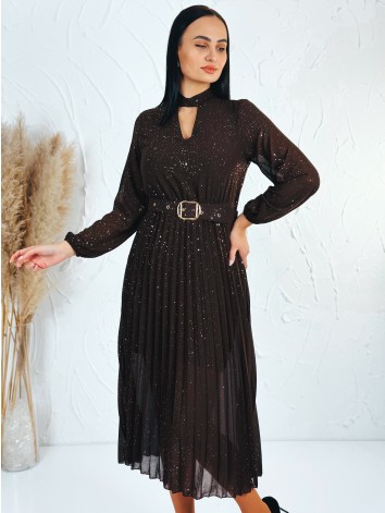 Dámske midi trblietavé šaty s opaskom - hnedé
