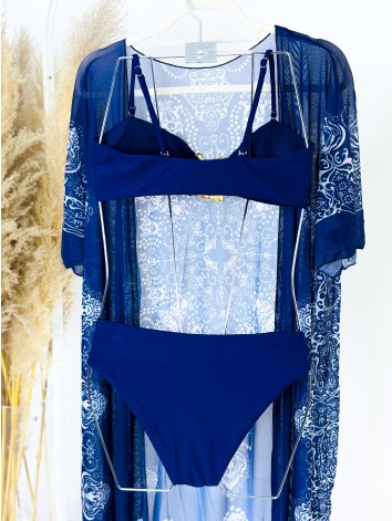 Dámske modré dvojdielne plavky so zlatou aplikáciou + kimono
