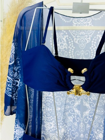 Dámske modré dvojdielne plavky so zlatou aplikáciou + kimono