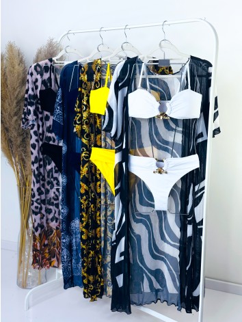 Dámske modré dvojdielne plavky so zlatou aplikáciou + kimono