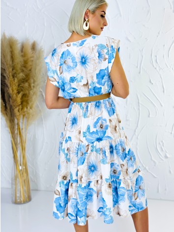 Dámske modré kvetované šaty s hnedým opaskom