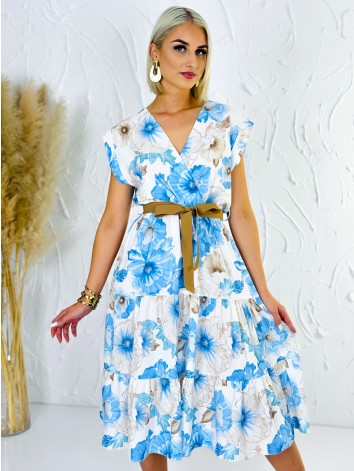 Dámske modré kvetované šaty s hnedým opaskom