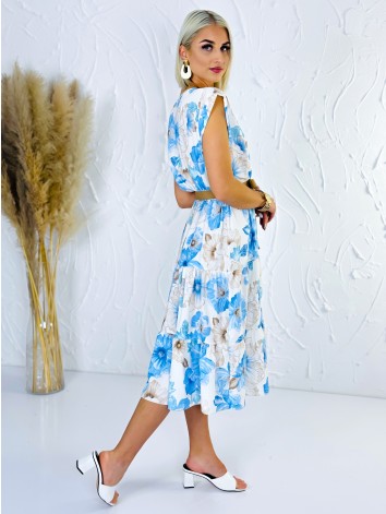 Dámske modré kvetované šaty s hnedým opaskom