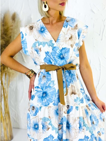 Dámske modré kvetované šaty s hnedým opaskom