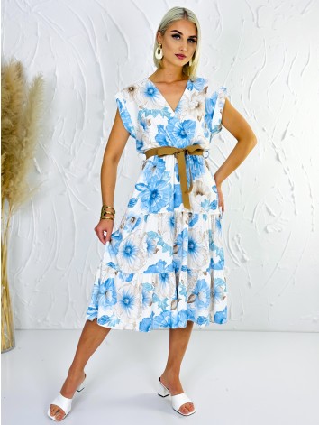 Dámske modré kvetované šaty s hnedým opaskom