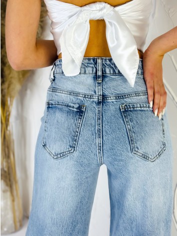 Dámske modré široké rifle s vysokým pásom a kamienkami