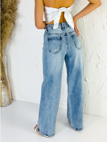 Dámske modré široké rifle s vysokým pásom a kamienkami