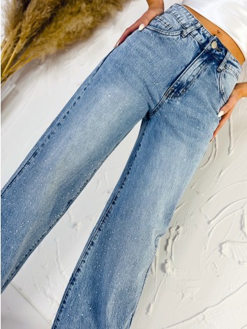 Dámske modré široké rifle s vysokým pásom a kamienkami