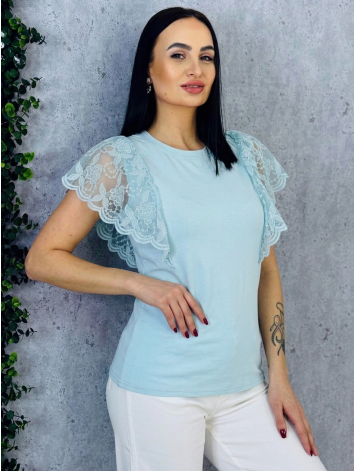 Dámske modré tričko s čipkovanými rukávmi Alona