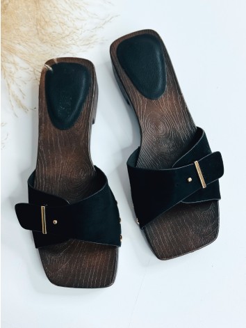 Dámske mules semišové šľapky s drevenou podrážkou a s cvokmi - čierne