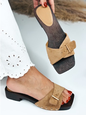 Dámske mules semišové šľapky s drevenou podrážkou a s cvokmi - hnedé