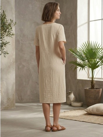 Dámske oversize letné šaty s vreckami a náhrdelníkom - béžové