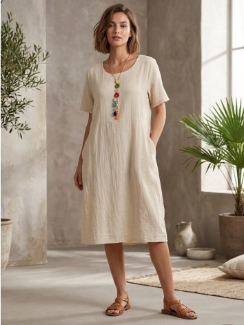 Dámske oversize letné šaty s vreckami a náhrdelníkom - béžové