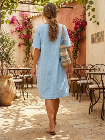 Dámske oversize letné šaty s vreckami a náhrdelníkom - modré