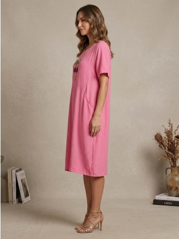 Dámske oversize letné šaty s vreckami a náhrdelníkom - ružové