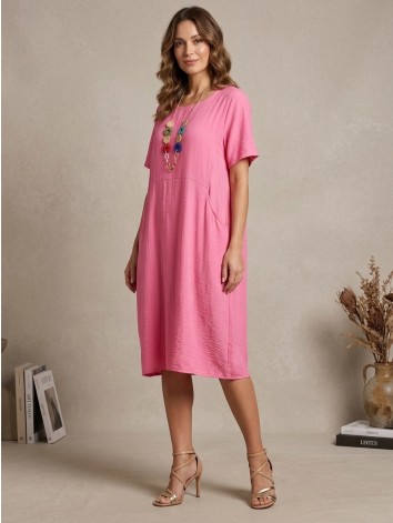 Dámske oversize letné šaty s vreckami a náhrdelníkom - ružové