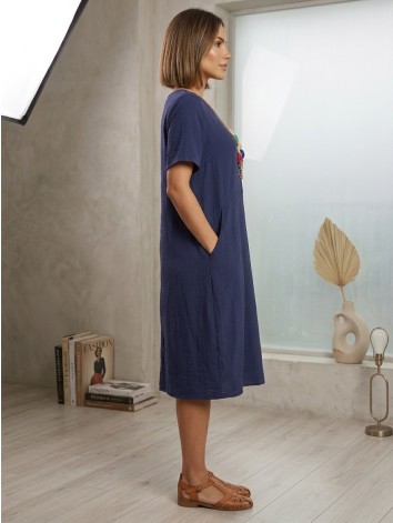 Dámske oversize letné šaty s vreckami a náhrdelníkom - tmavo modré