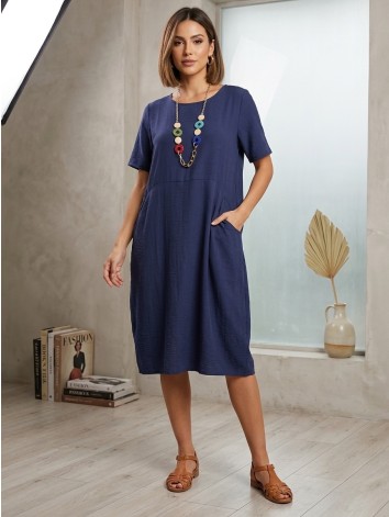 Dámske oversize letné šaty s vreckami a náhrdelníkom - tmavo modré