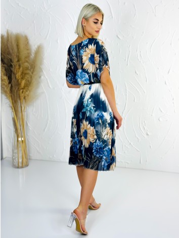 Dámske plisované šaty s kvetovanou potlačou a opaskom - modré