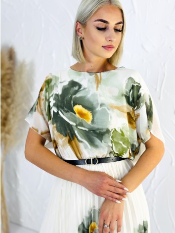 Dámske plisované šaty s kvetovanou potlačou a opaskom - zelené