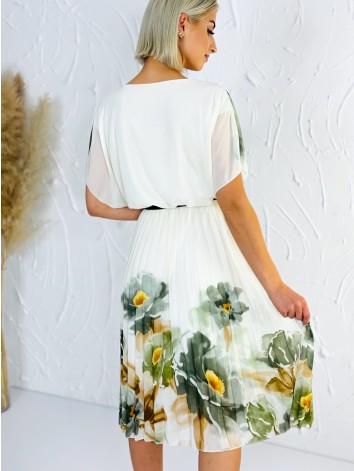 Dámske plisované šaty s kvetovanou potlačou a opaskom - zelené