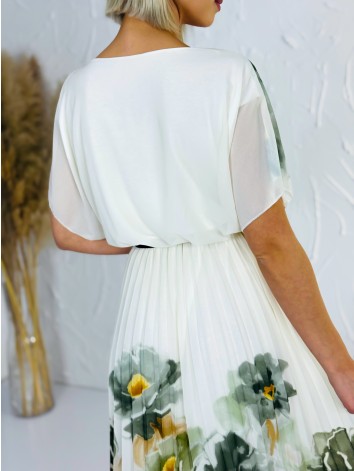 Dámske plisované šaty s kvetovanou potlačou a opaskom - zelené