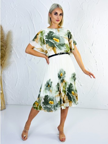 Dámske plisované šaty s kvetovanou potlačou a opaskom - zelené