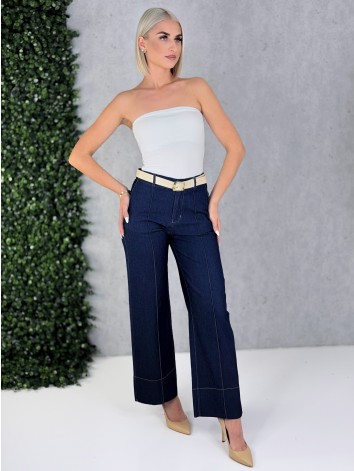 Dámske rifľové 7/8 nohavice s opaskom a vysokým pásom Leila