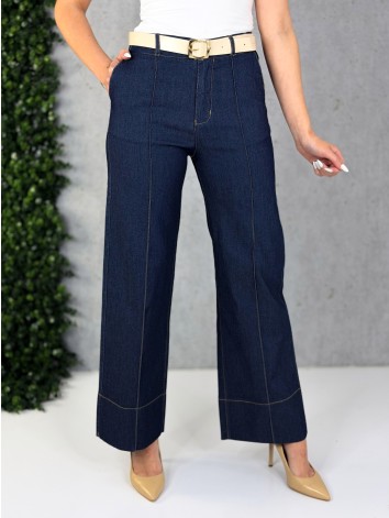 Dámske rifľové 7/8 nohavice s opaskom a vysokým pásom Leila