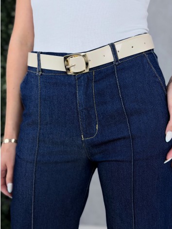 Dámske rifľové 7/8 nohavice s opaskom a vysokým pásom Leila