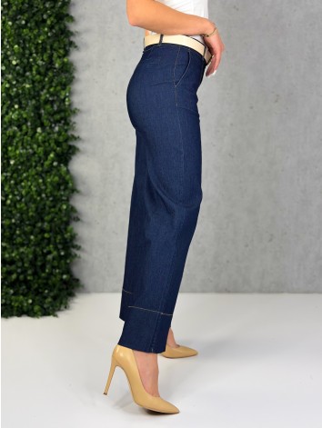 Dámske rifľové 7/8 nohavice s opaskom a vysokým pásom Leila