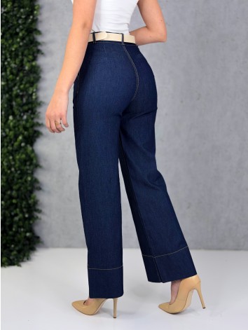 Dámske rifľové 7/8 nohavice s opaskom a vysokým pásom Leila