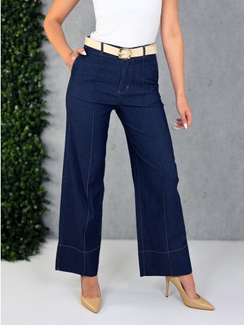 Dámske rifľové 7/8 nohavice s opaskom a vysokým pásom Leila