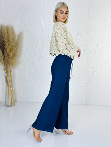 Dámske rifľové elgantné letné nohavice s opaskom a vysokým pásom