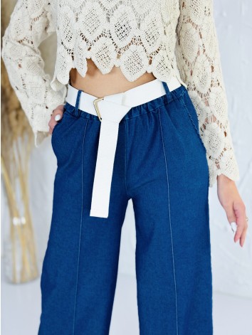 Dámske rifľové elgantné letné nohavice s opaskom a vysokým pásom