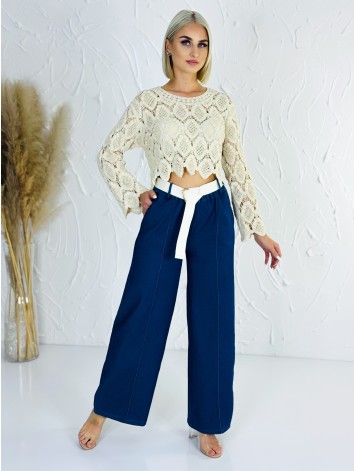 Dámske rifľové elgantné letné nohavice s opaskom a vysokým pásom