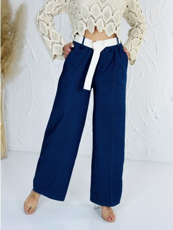 Dámske rifľové elgantné letné nohavice s opaskom a vysokým pásom