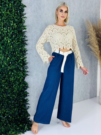 Dámske rifľové elgantné letné nohavice s opaskom a vysokým pásom