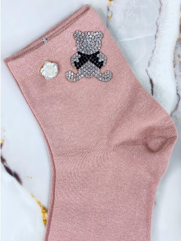 Dámske ružové ponožky s kamienkami a gombíkom TEDDY