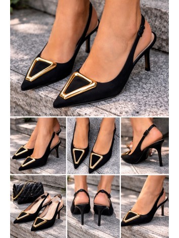 Dámske sandále na nízkom opätku so zlatou sponou - čierne