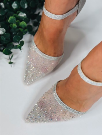 Dámske sandále s ozdobnými kamienkami a s vysokým opätkom - strieborné