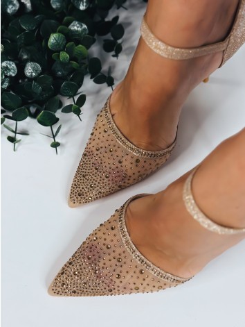 Dámske sandále s ozdobnými kamienkami a s vysokým opätkom - zlaté