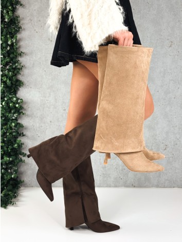 Dámske semišové béžové čižmy pod kolená na nízkom opätku