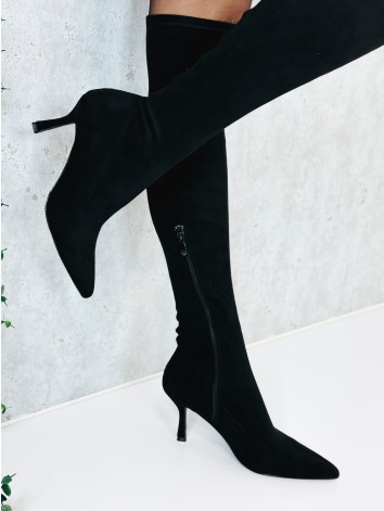 Dámske semišové naťahovacie čierne čižmy na pohodlnom opätku