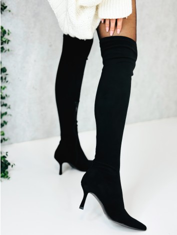Dámske semišové naťahovacie čierne čižmy na pohodlnom opätku