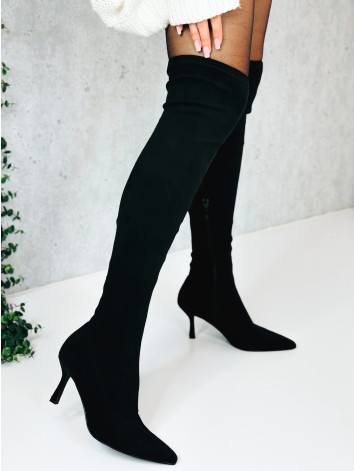 Dámske semišové naťahovacie čierne čižmy na pohodlnom opätku