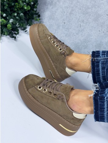 Dámske semišové tenisky na platforme so zlatými detailmi – khaki / béžovo-hnedé