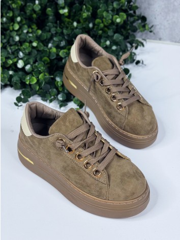 Dámske semišové tenisky na platforme so zlatými detailmi – khaki / béžovo-hnedé