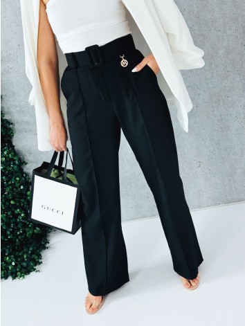 Dámske široké čierne nohavice s opaskom a zlatou aplikáciou