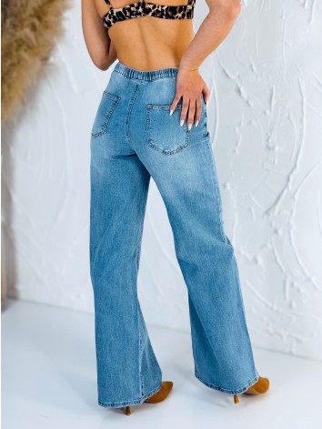 Dámske široké modré rifle s gumičkou v páse a viazaním